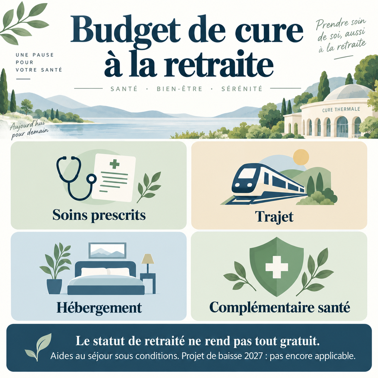 Le budget d’une cure à la retraite comporte soins, trajet, hébergement et intervention éventuelle de la complémentaire.