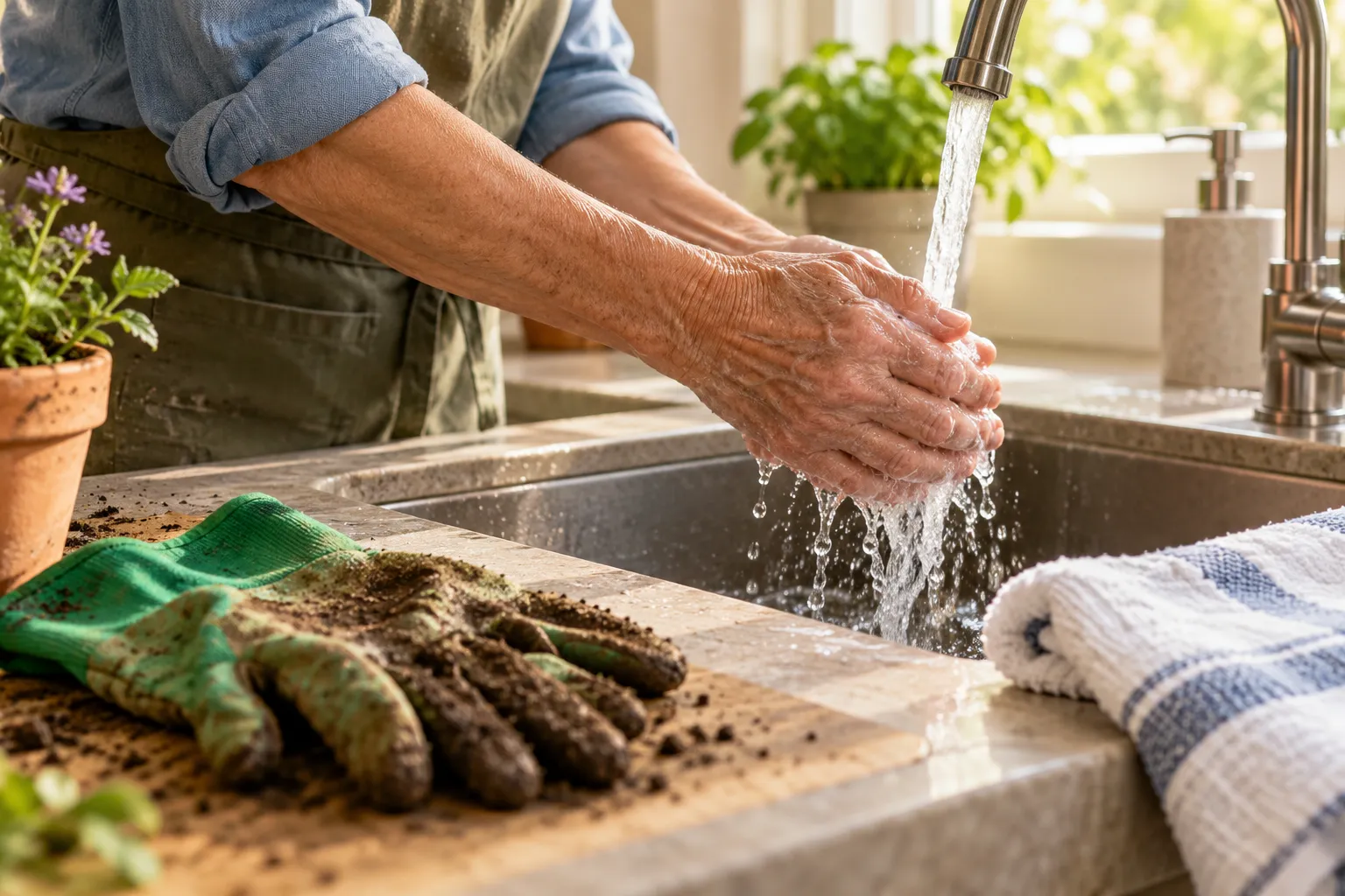 Lavage des mains après une activité de jardinage, en illustration.