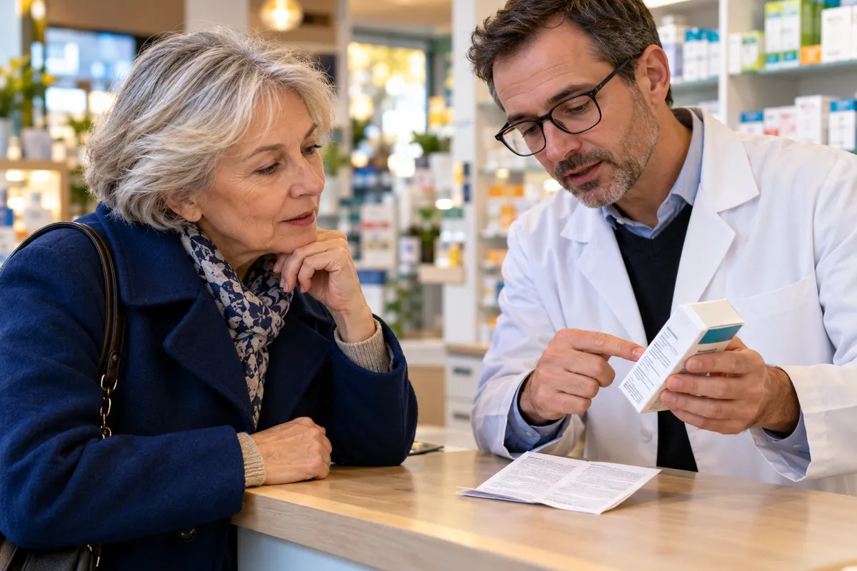 Échange au comptoir autour d’un conditionnement et de documents papier.