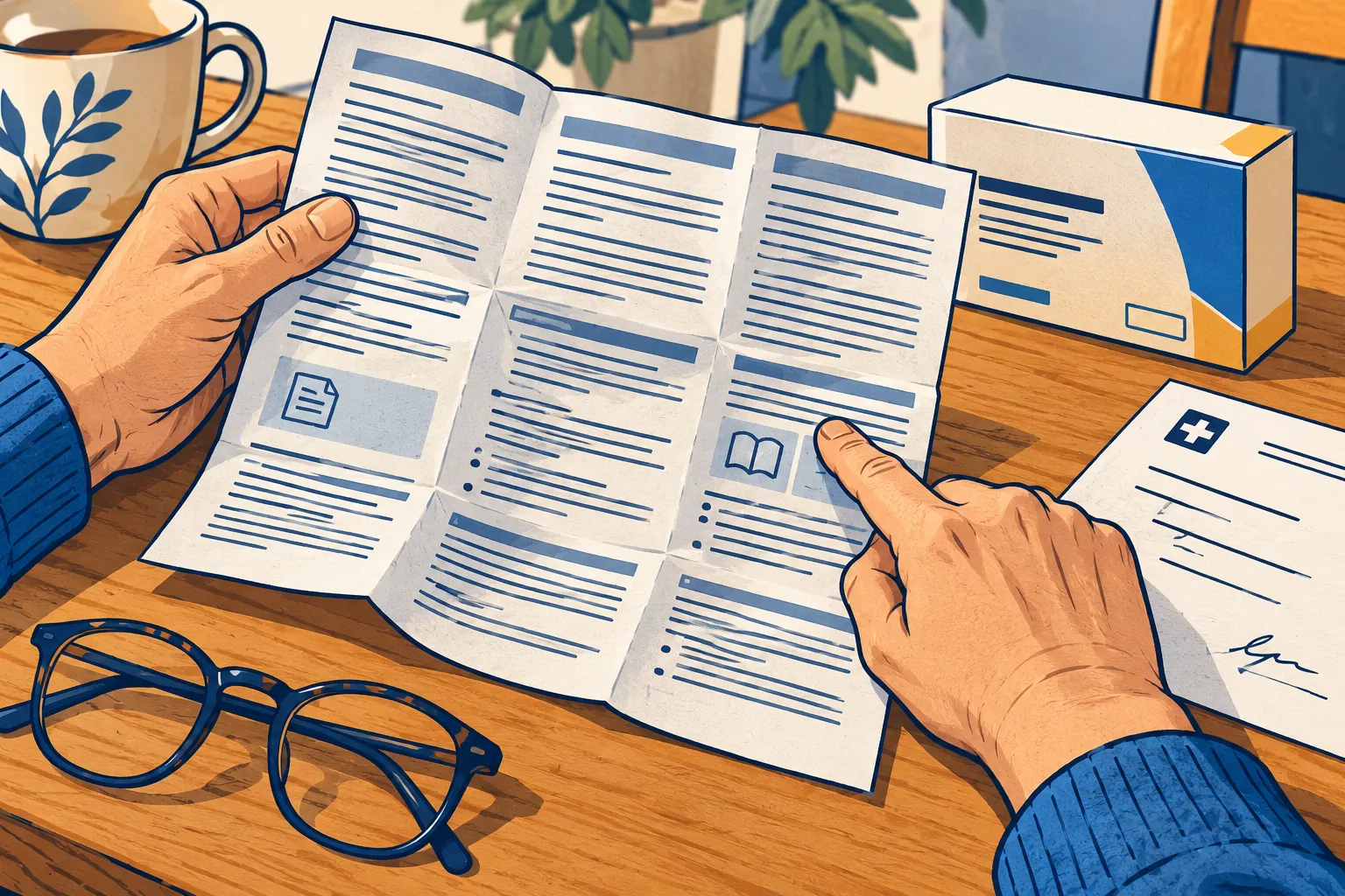 Dessin d’une notice papier dépliée près d’un conditionnement étiqueté et d’une ordonnance.
