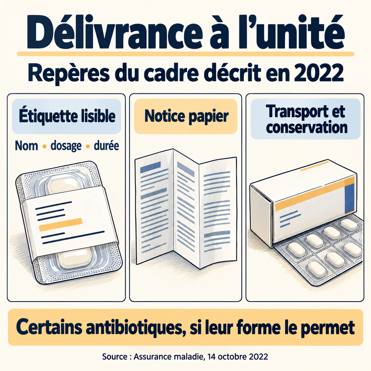Trois repères du cadre décrit par Ameli en 2022 : étiquette lisible, notice papier, conditionnement adapté au transport et à la conservation.