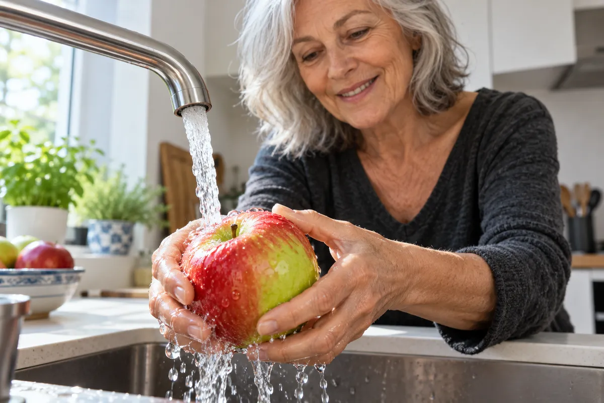 Une femme aux cheveux gris lave une pomme rouge et verte sous un filet d’eau dans sa cuisine.