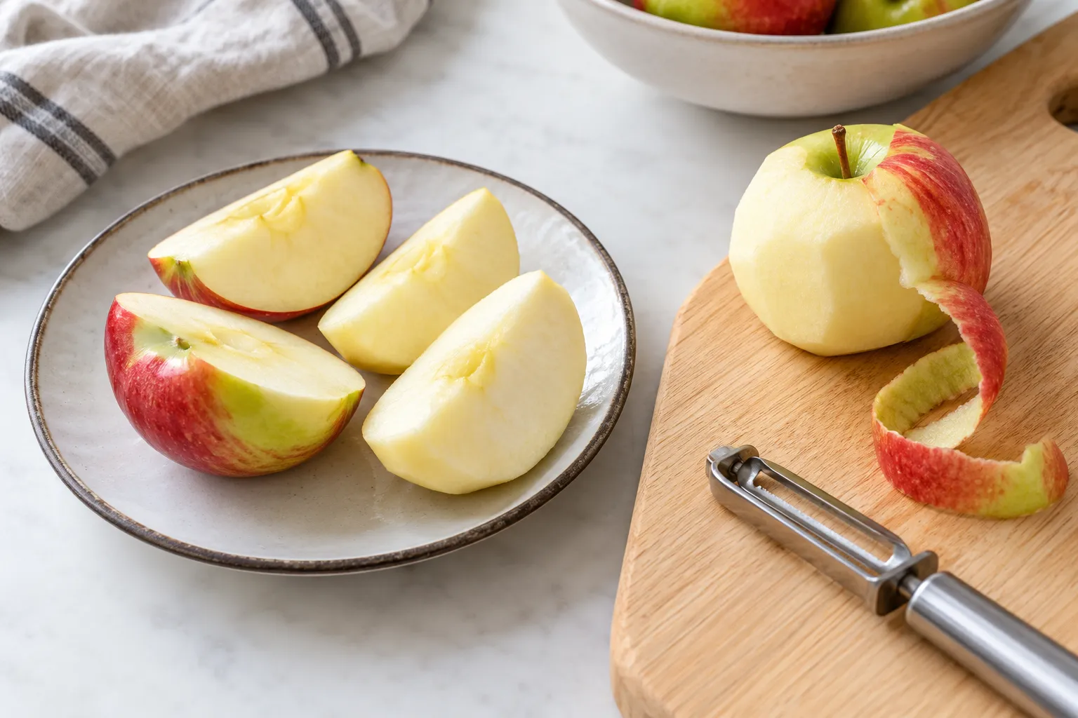 Des quartiers de pomme avec et sans peau sur une assiette, près d’une pomme partiellement pelée sur une planche propre.