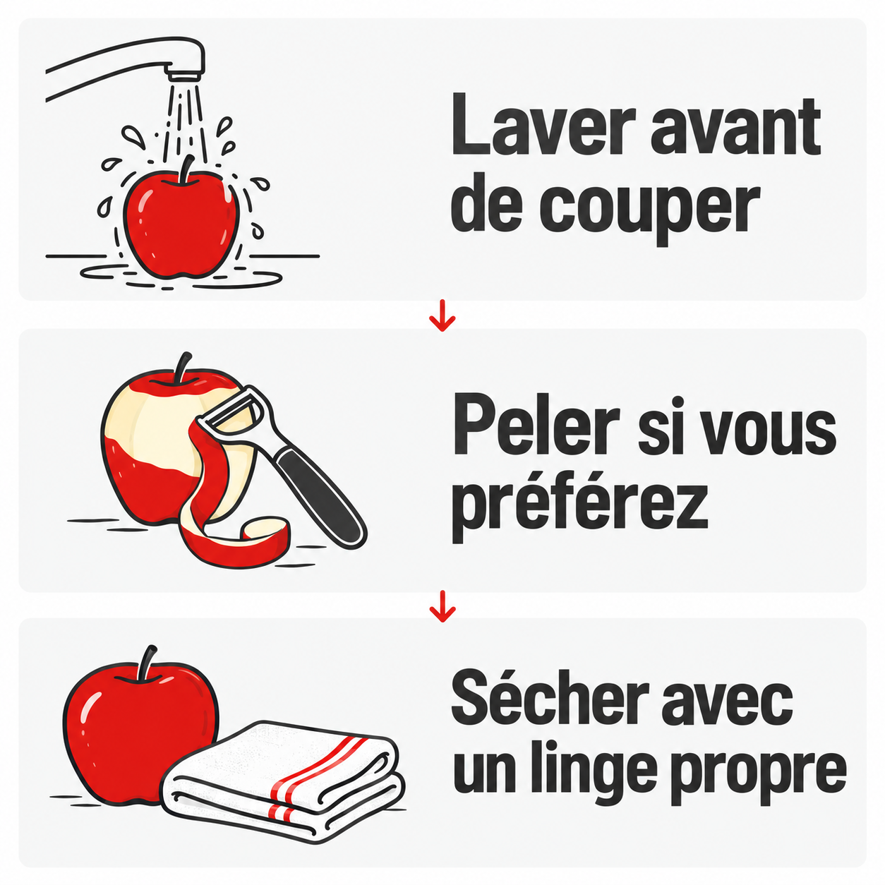 Laver avant de couper ; peler si vous préférez ; sécher avec un linge propre.