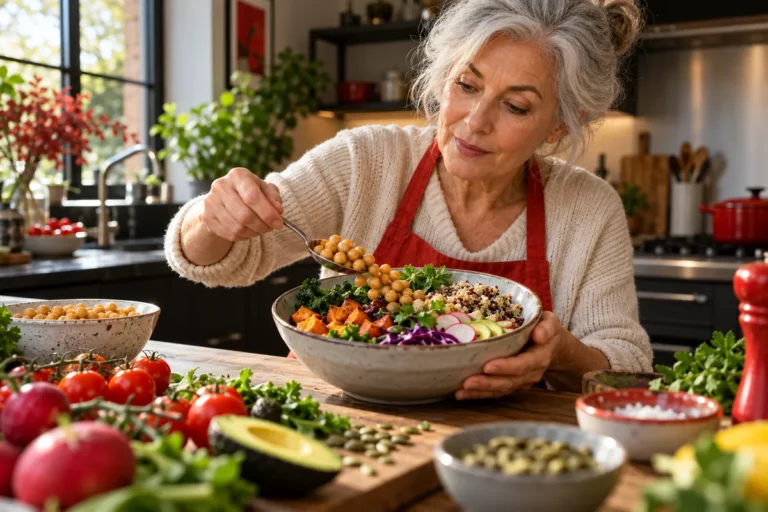 Une femme aux cheveux gris prépare un repas avec des légumes et des pois chiches.