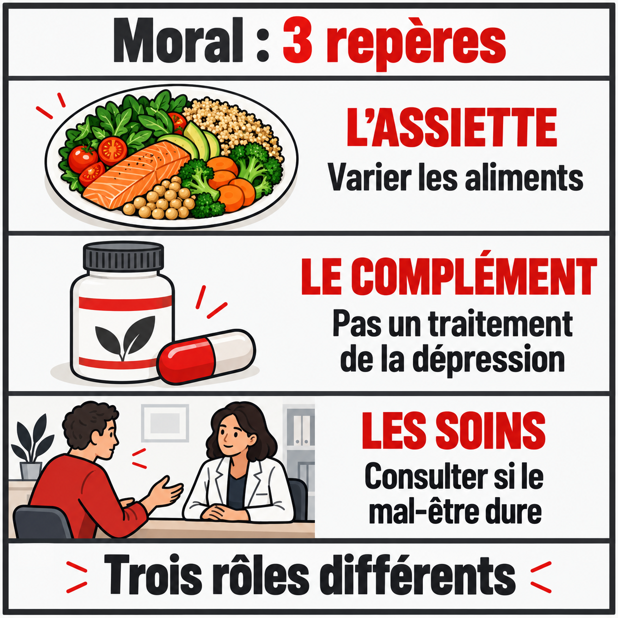 Trois repères : varier son assiette, distinguer un complément d’un traitement de la dépression et consulter si le mal-être dure.