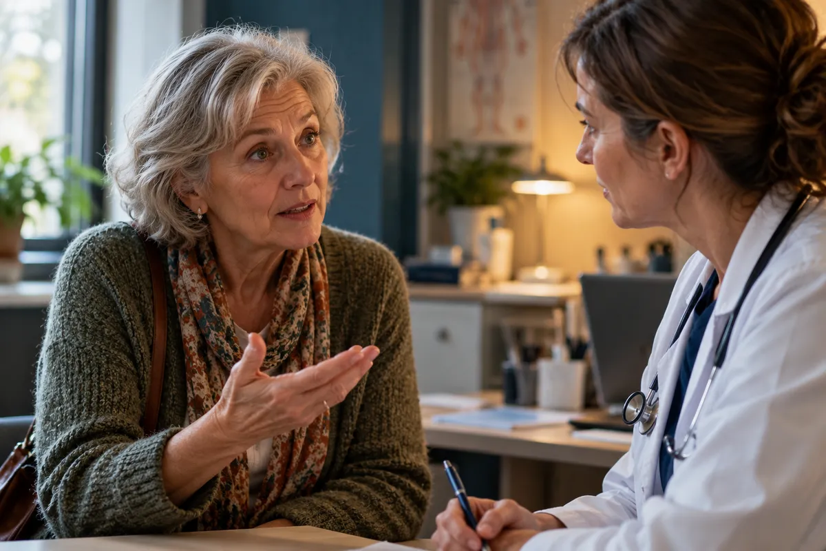 Échange entre une patiente et une médecin au cabinet.