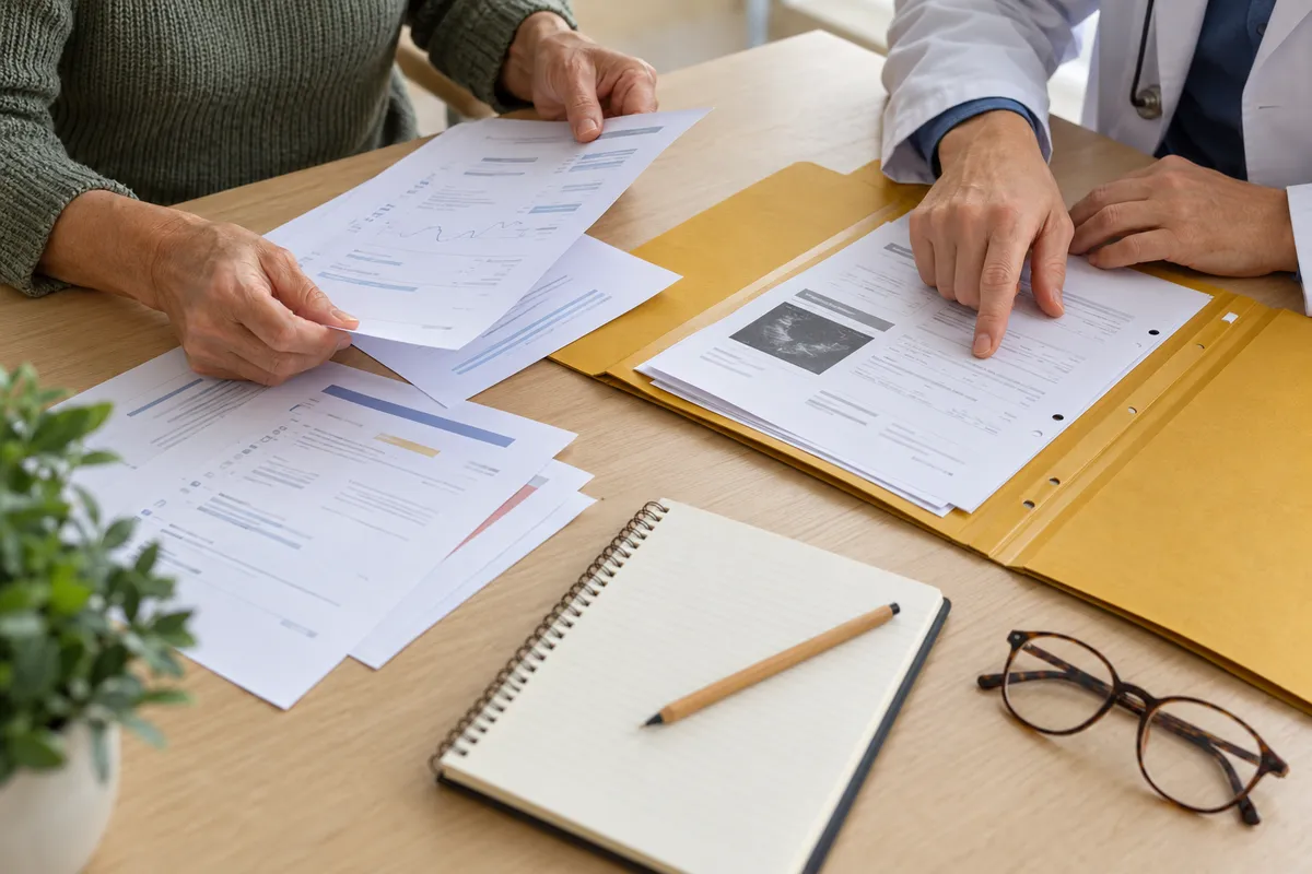 Des documents de suivi réunis sur une table pendant un échange avec un médecin.