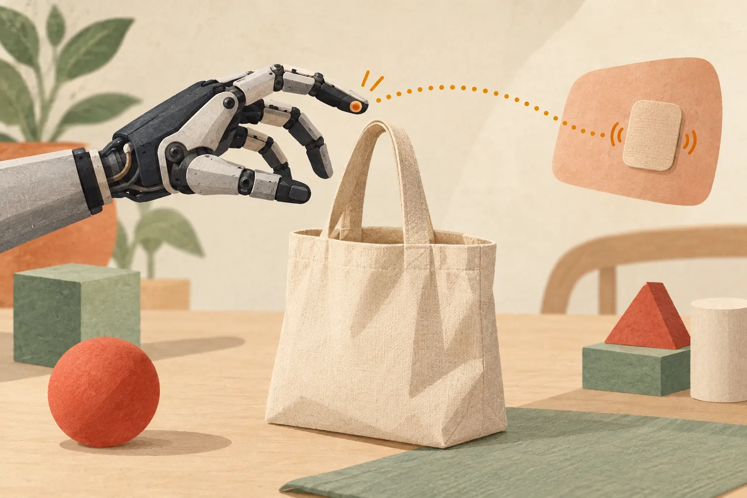 Illustration conceptuelle d’une main prothétique près d’un sac et d’un signal reliant son capteur à une zone de peau.