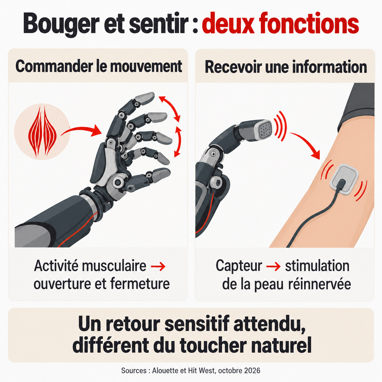 Deux fonctions distinctes : commander l’ouverture et la fermeture d’une prothèse et recevoir une information par stimulation de la peau réinnervée.