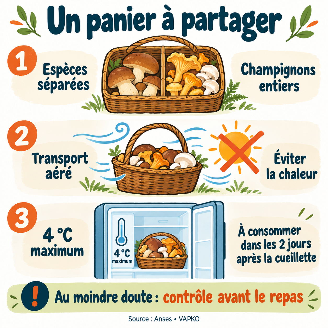 Parcours du panier : espèces séparées, transport aéré sans chaleur, réfrigérateur à 4 °C maximum et consommation dans les 2 jours après la cueillette.