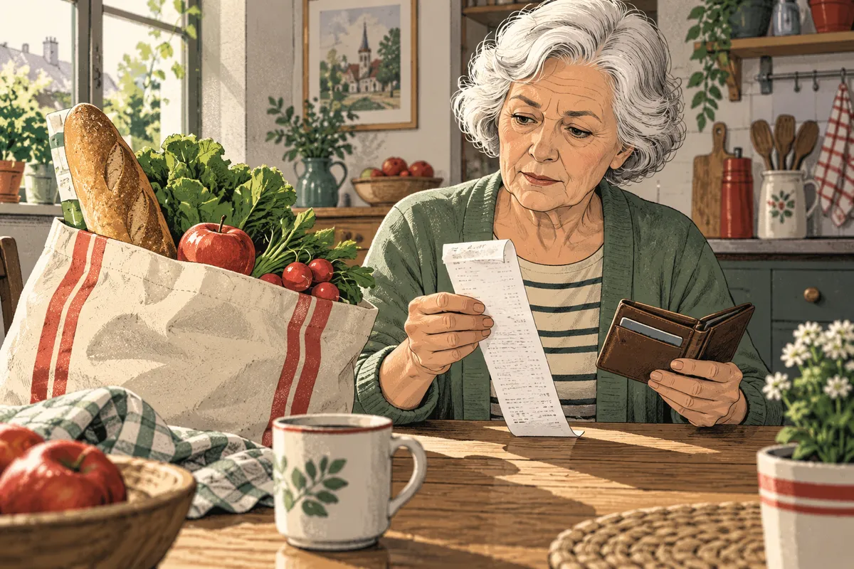 Une retraitée fait le point sur son budget de courses, portefeuille et ticket à portée de main.