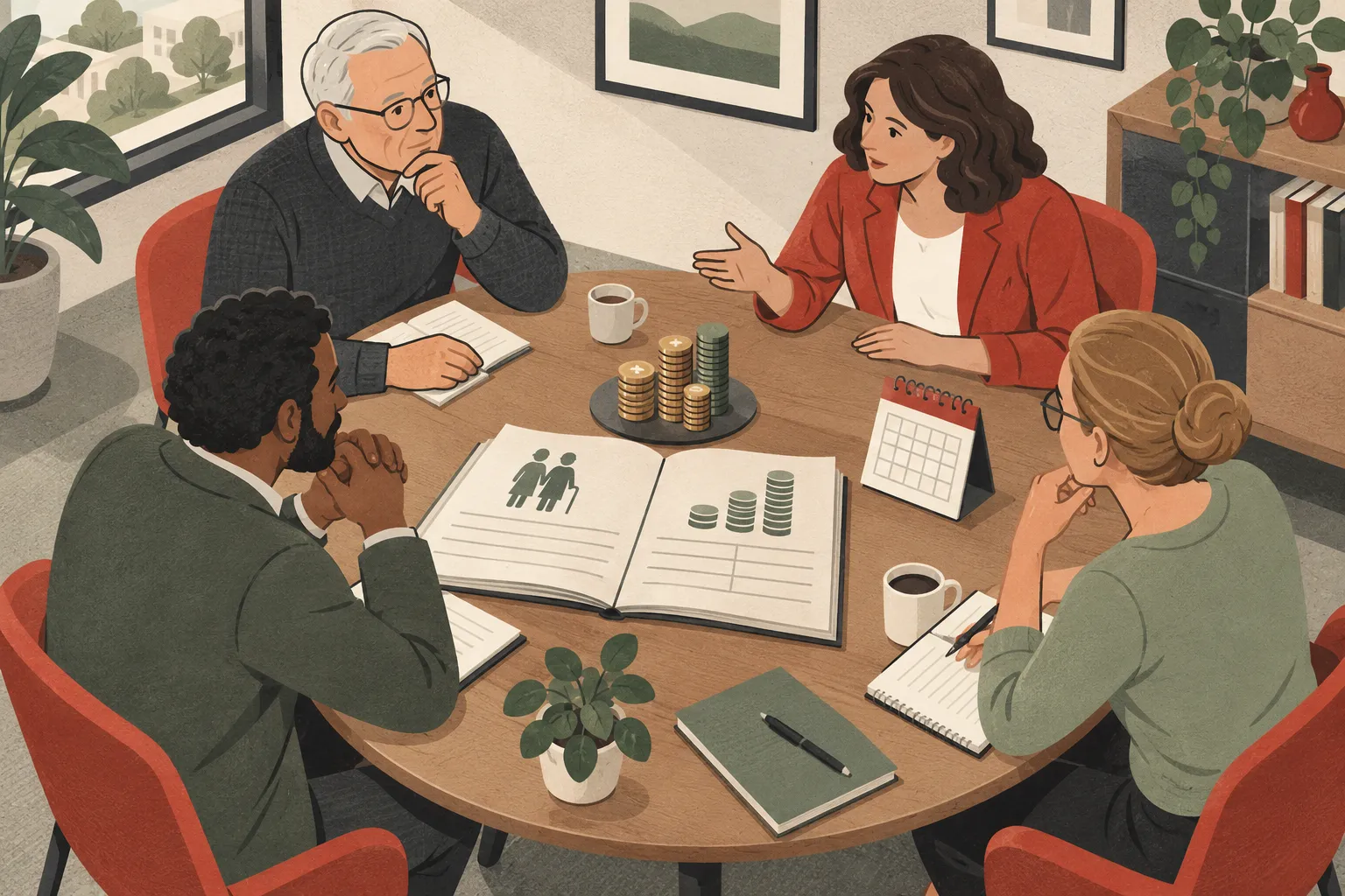 Illustration de représentants réunis autour d’une table avec un registre et des pièces.