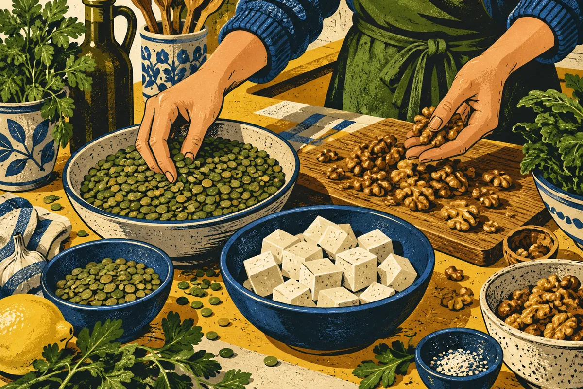 Illustration de mains triant des lentilles, du tofu et des noix sur un plan de travail, pour évoquer la diversité des sources de protéines végétales.