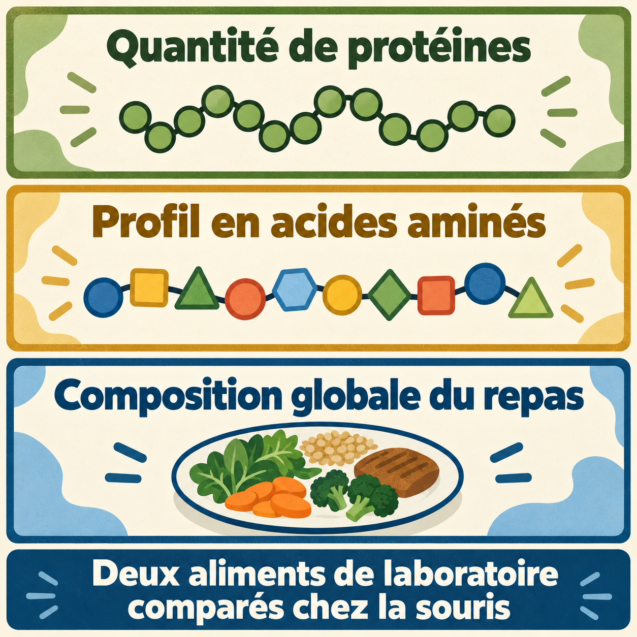 Trois niveaux pour comprendre la composition alimentaire Quantité de protéines, profil en acides aminés et composition globale du repas : trois informations à distinguer pour lire une étude menée chez la souris.