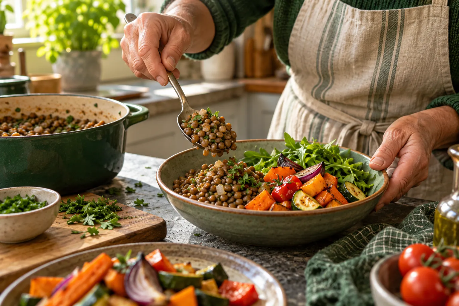Préparation d’un repas associant lentilles et légumes.