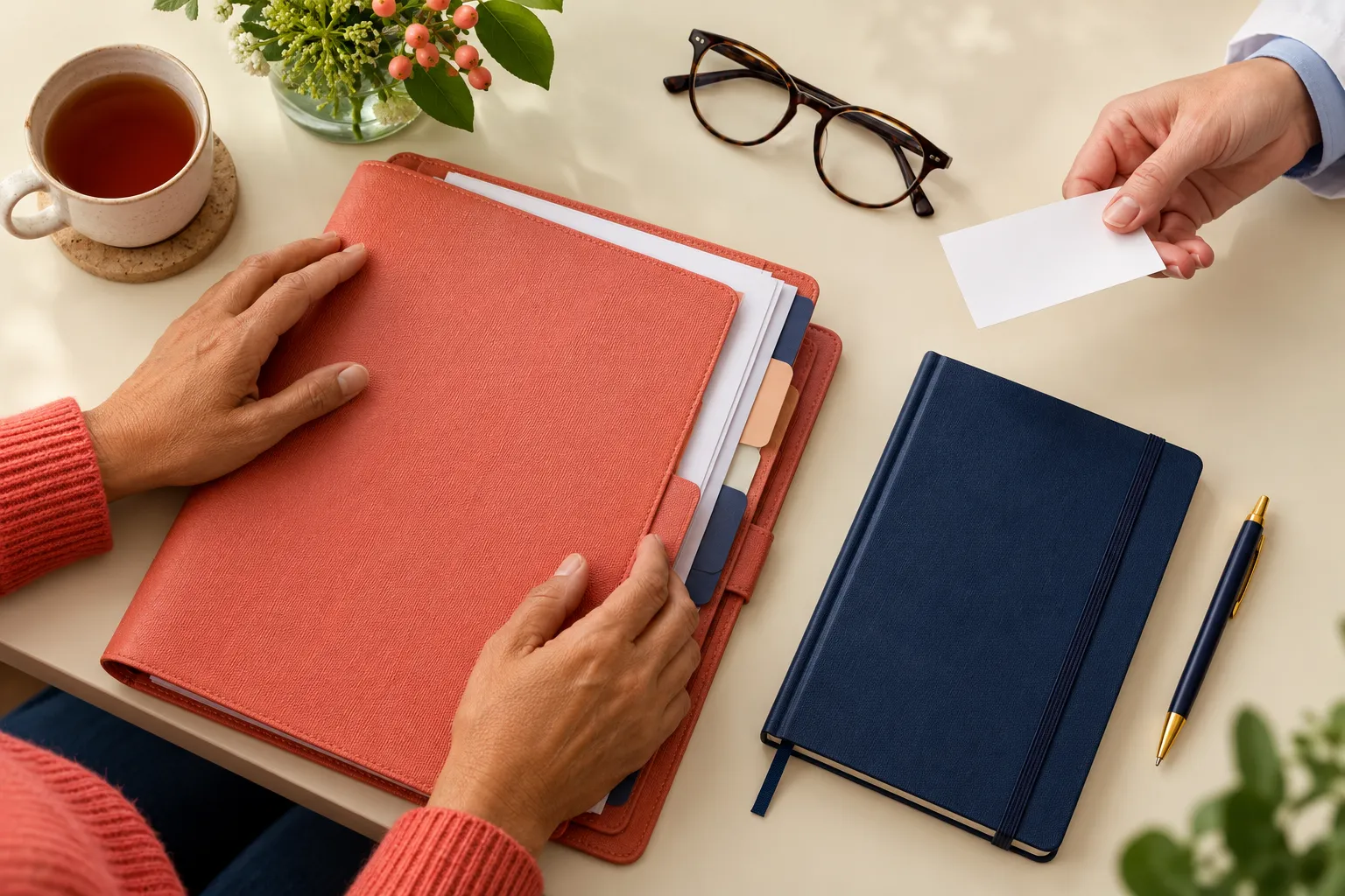 Des mains préparent des documents et un carnet pour un rendez-vous de suivi.