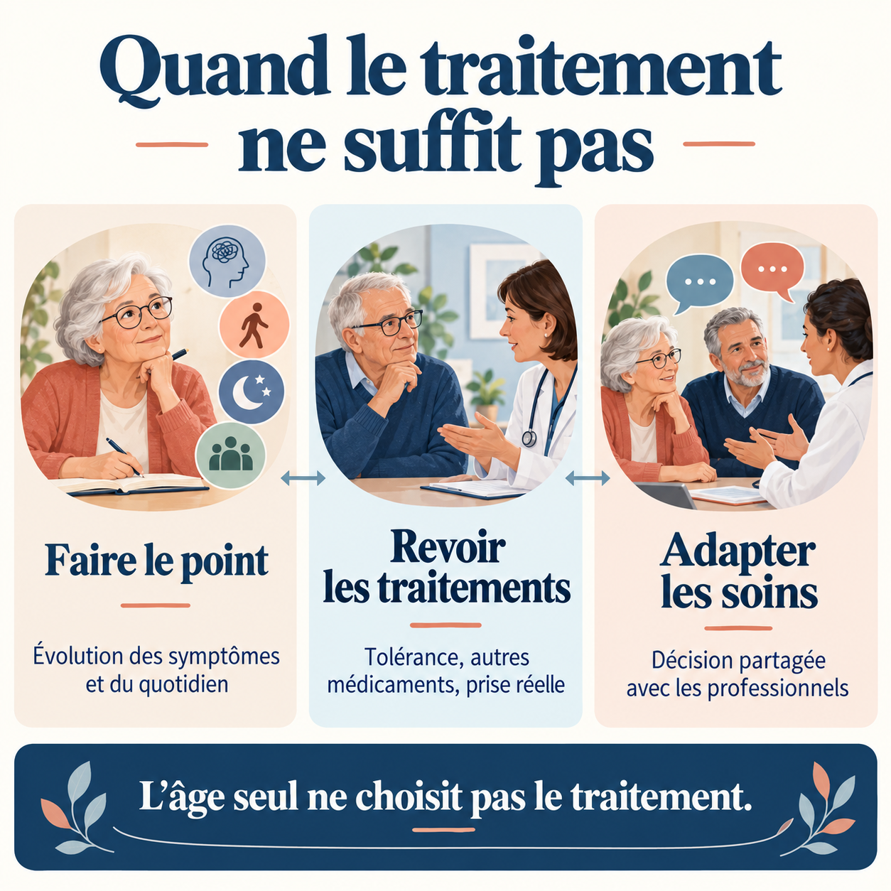 Réévaluer les symptômes, les traitements et la tolérance pour adapter les soins sans décider sur le seul âge.