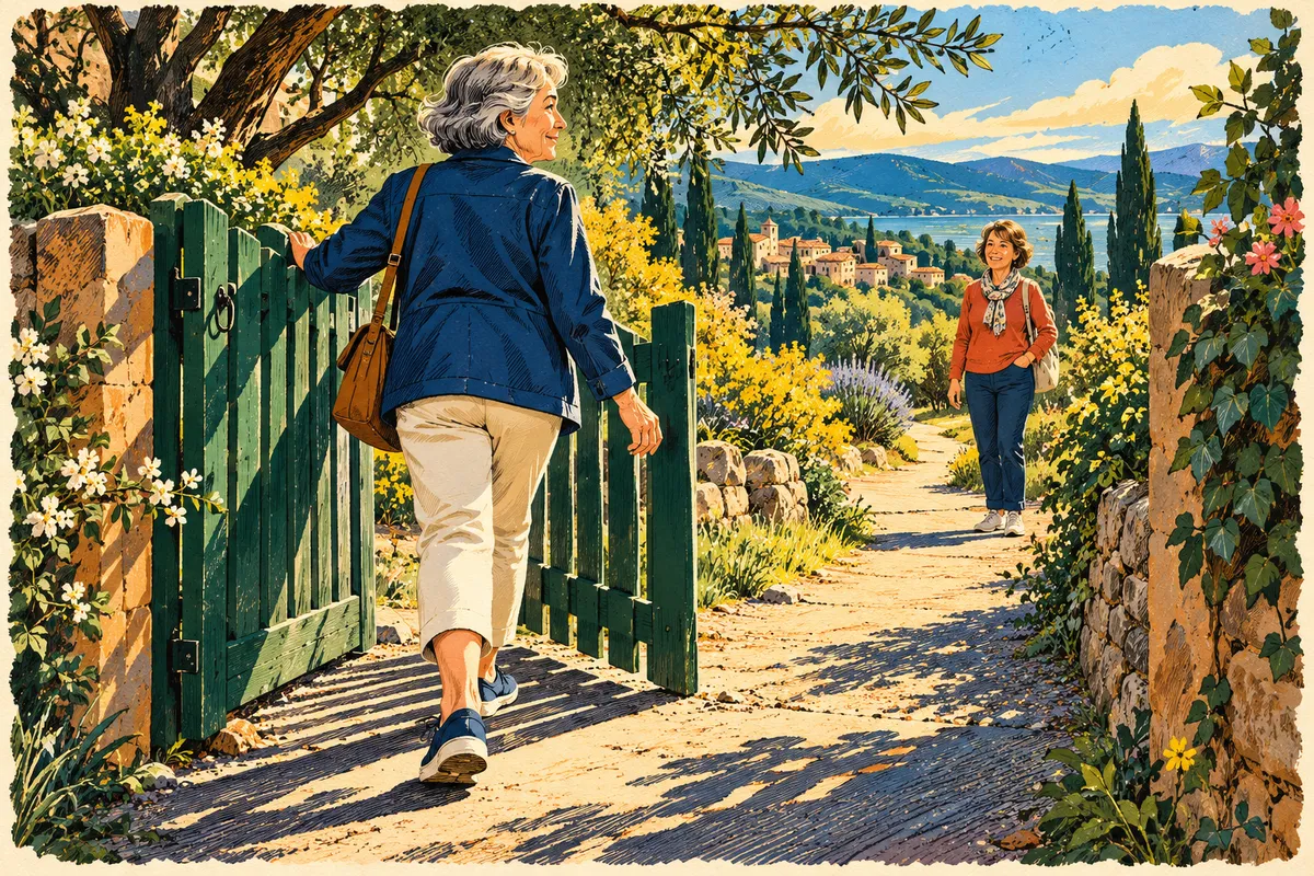 Dessin éditorial d’une personne ouvrant un portillon vers un chemin, avec une autre personne à proximité.