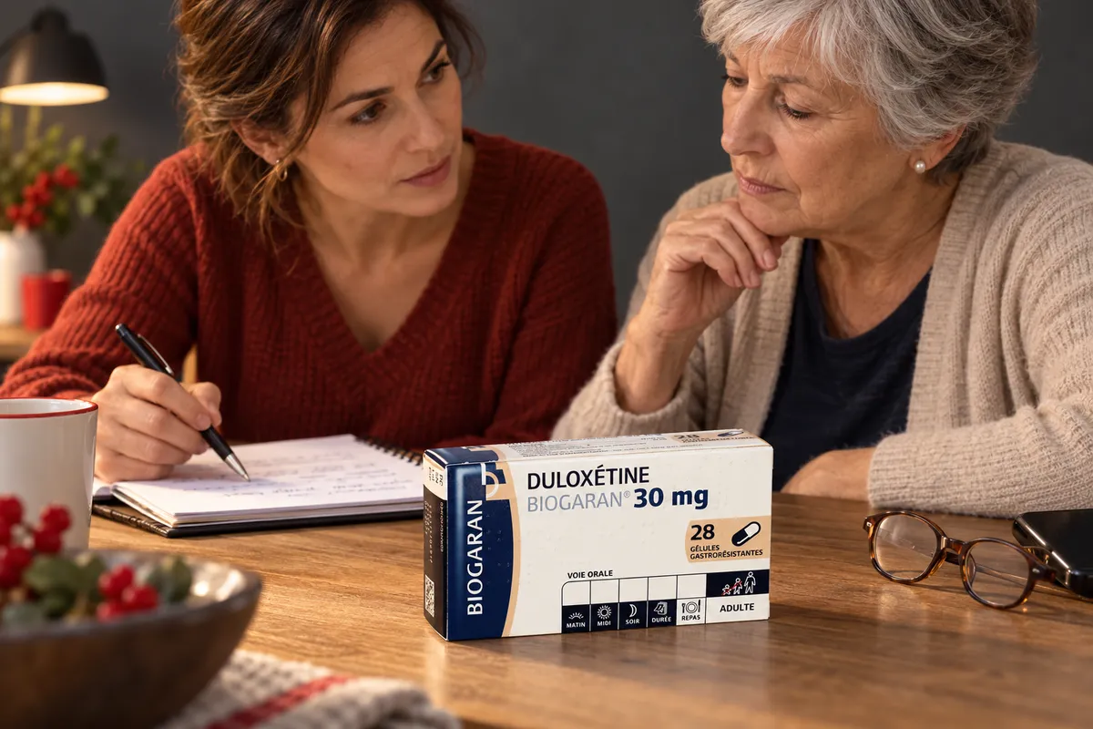 Une personne âgée et un proche échangent près d’une boîte de duloxétine.