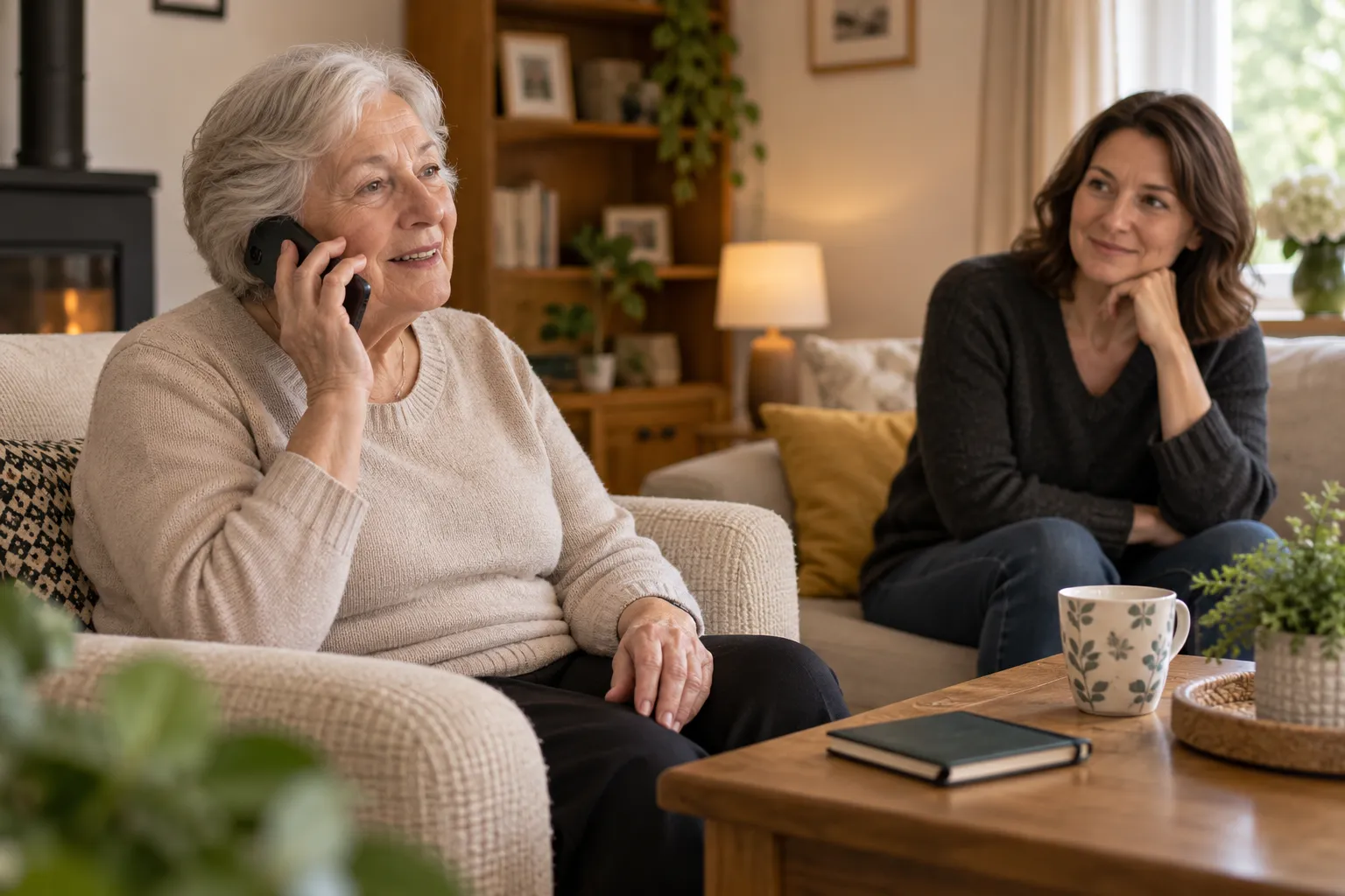 Une personne âgée parle au téléphone avec un proche à proximité.
