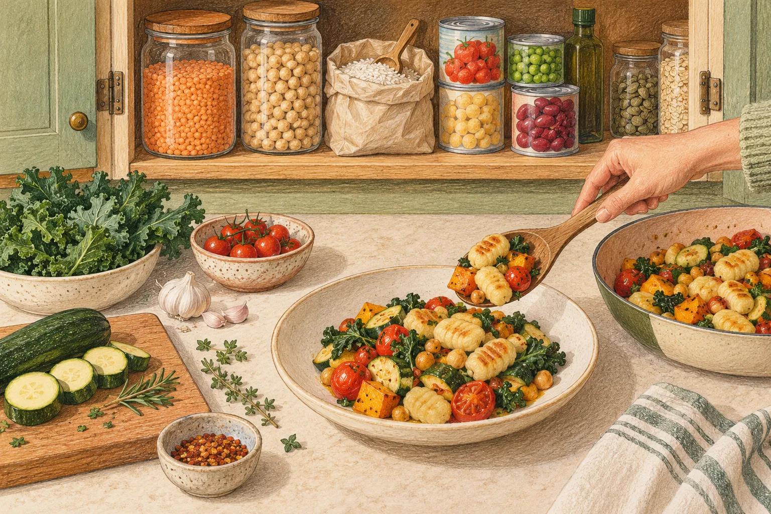 Placard contenant des légumes secs, du riz et des conserves, avec une assiette de légumes et de gnocchis.