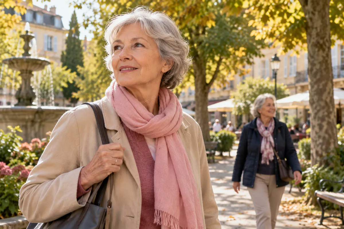 Femme âgée dans une place arborée en automne.