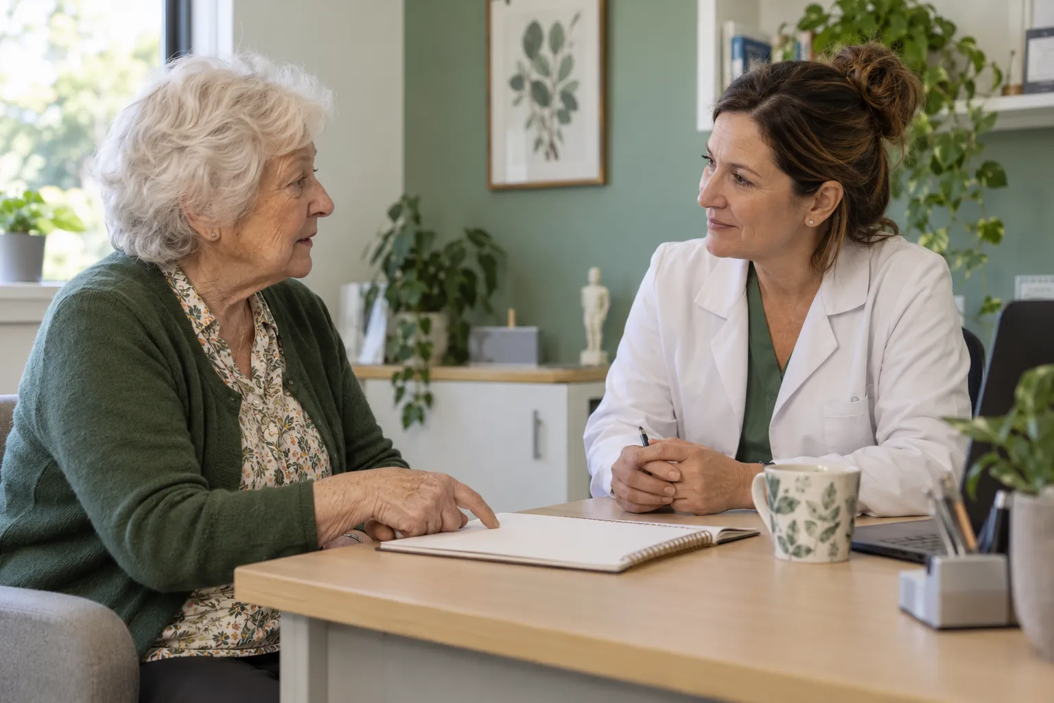 Une femme âgée discute de son suivi avec une médecin.