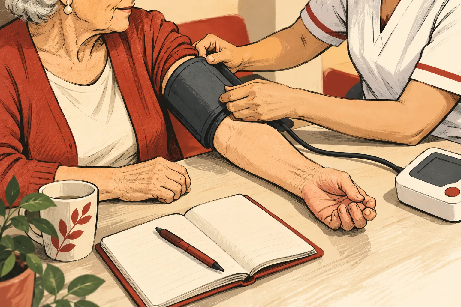 Illustration d’un contrôle de tension au bras d’une femme âgée, sans résultat chiffré.