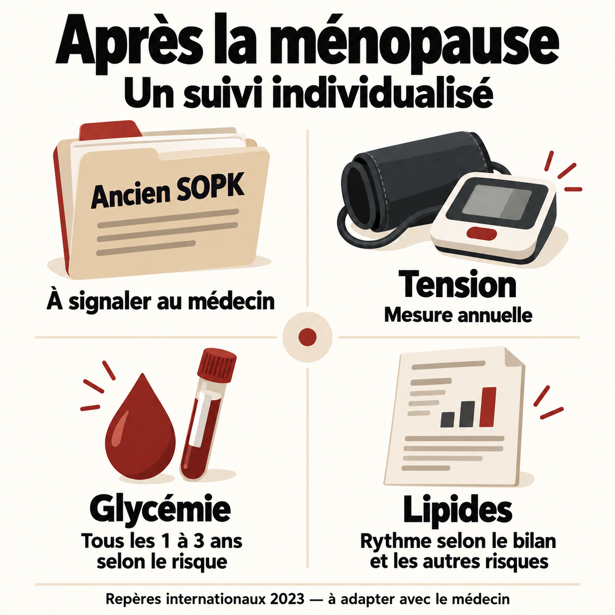 Ancien SOPK à signaler, tension annuelle, glycémie tous les un à trois ans selon le risque, bilan lipidique à un rythme individualisé.