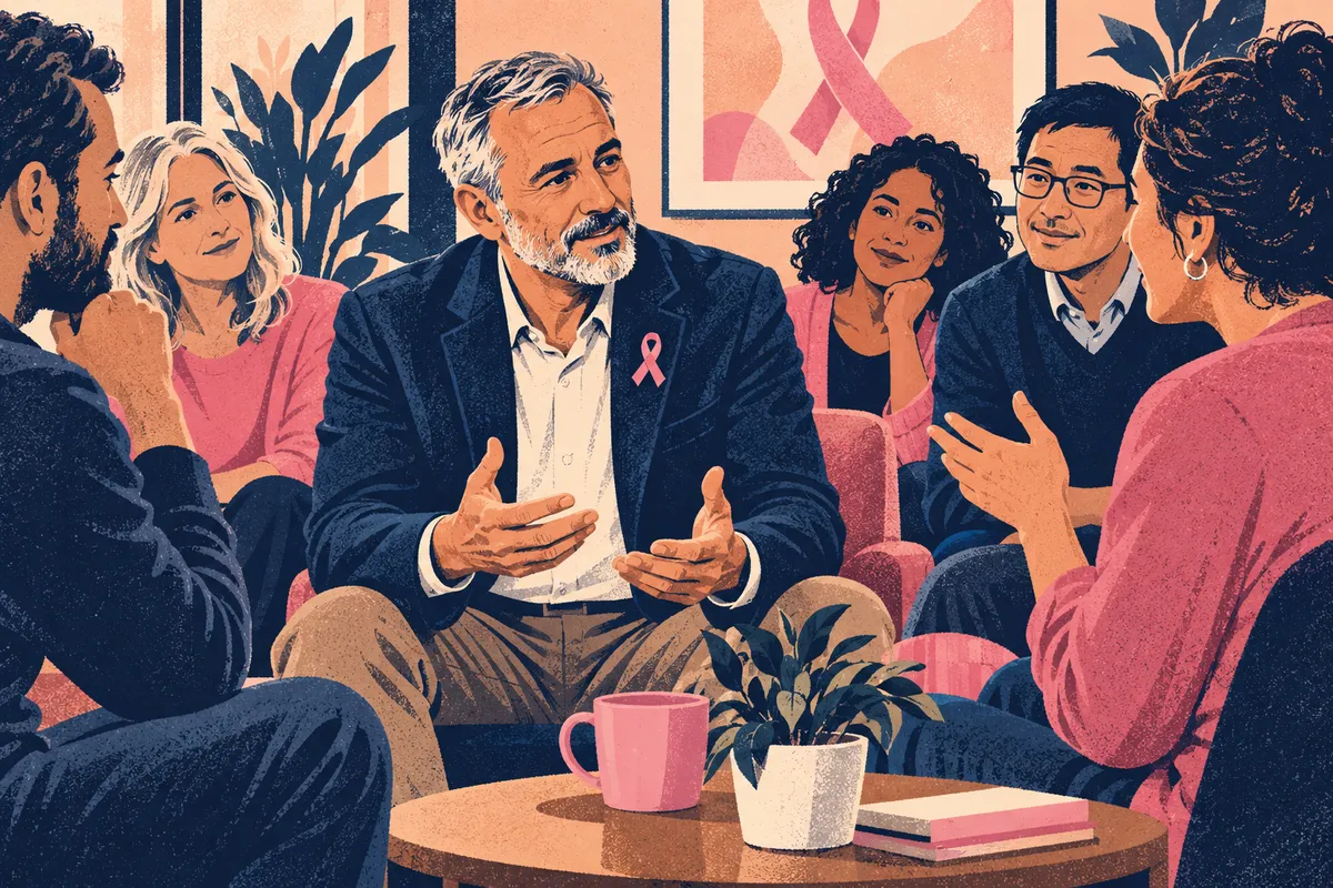 Groupe d’adultes en discussion, avec un homme au premier plan, dans une illustration aux tons pêche et bleu.