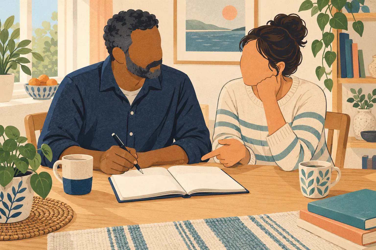 Illustration d’un homme et d’un proche à une table, avec un carnet et un stylo.