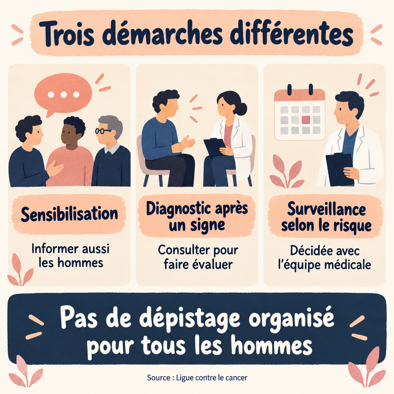 Trois démarches distinctes : sensibiliser les hommes, évaluer un signe en consultation, et décider d’une surveillance selon le risque. Pas de dépistage organisé pour tous les hommes.