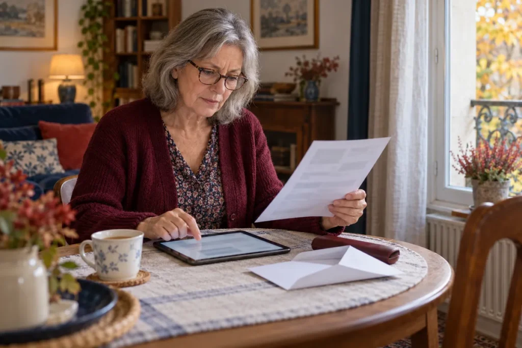 Une femme d'une soixantaine d'années aux cheveux gris, lunettes et gilet bordeaux, assise à une table ronde près d'une fenêtre, tient une lettre dans une main et fait défiler une tablette de l'autre ; une enveloppe ouverte et une tasse de thé sont posées devant elle.