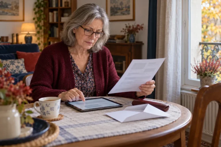 Une femme d'une soixantaine d'années aux cheveux gris, lunettes et gilet bordeaux, assise à une table ronde près d'une fenêtre, tient une lettre dans une main et fait défiler une tablette de l'autre ; une enveloppe ouverte et une tasse de thé sont posées devant elle.