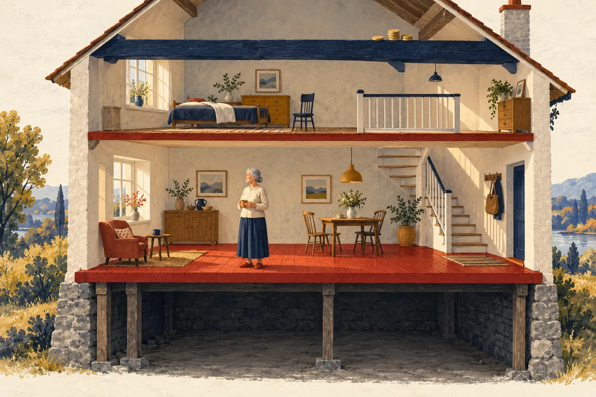 Illustration à la gouache : une maison en coupe ; au rez-de-chaussée, une femme aux cheveux gris se tient debout sur un plancher solide au-dessus d'une cave vide, tandis que quelques piles de pièces reposent sur une poutre du toit.