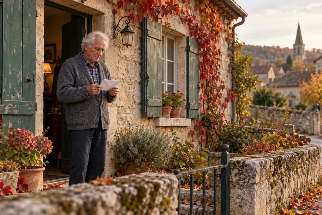 Un homme âgé aux cheveux blancs, gilet gris sur une chemise à carreaux, se tient devant la porte ouverte d'une maison de village en pierre aux volets verts, une enveloppe à la main, dans la lumière d'une fin d'après-midi d'automne.