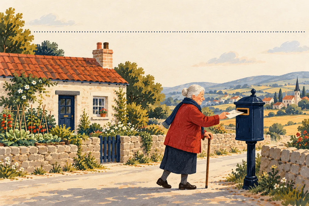 Illustration à la gouache : dans une rue de village, une femme âgée en manteau rouge, appuyée sur une canne, glisse une enveloppe dans une boîte aux lettres bleu marine devant sa petite maison au toit de tuiles et à son potager ; une ligne pointillée traverse le ciel bien au-dessus du toit.