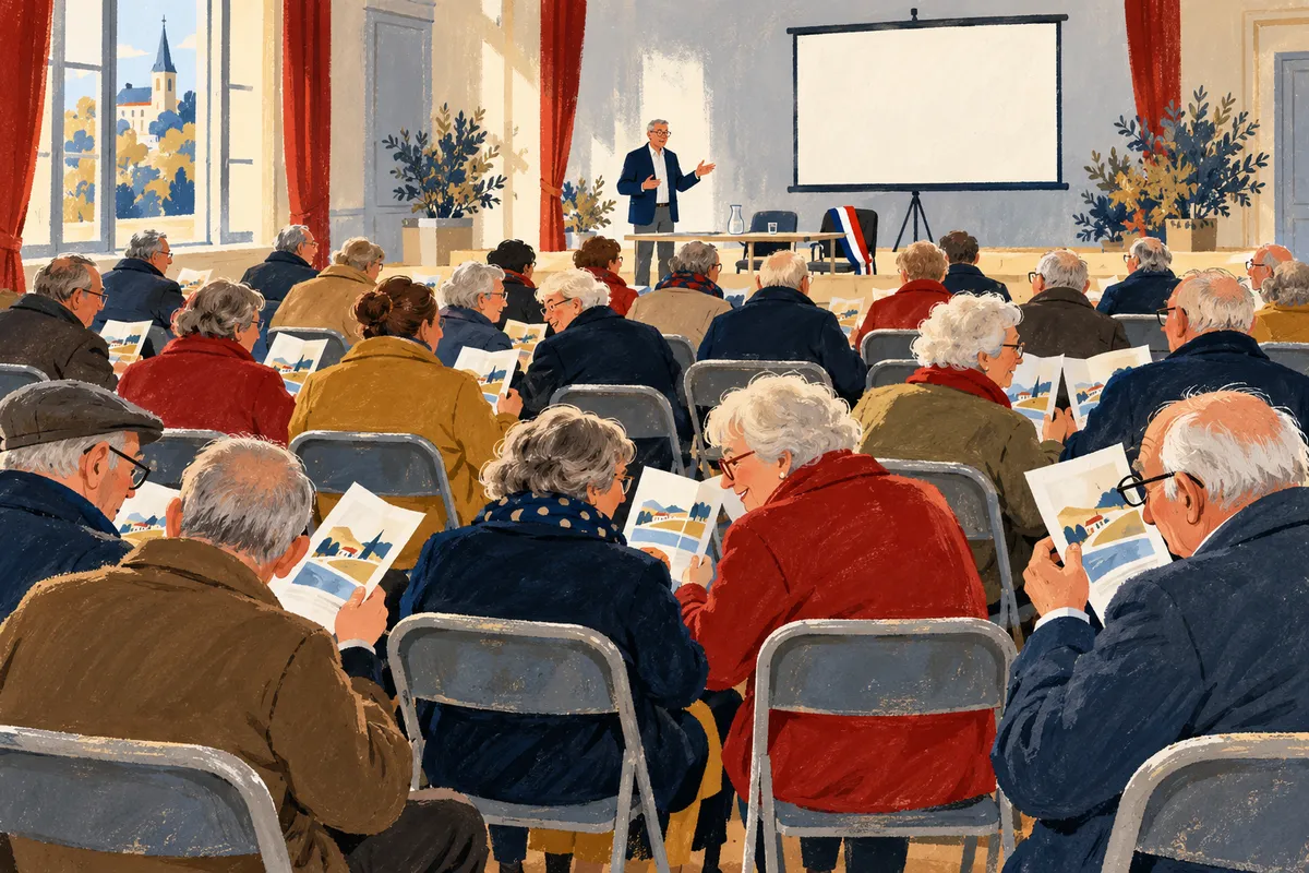 Illustration à la gouache d’une salle municipale vue du fond : des rangées de retraités en manteau lisent le même dépliant posé sur chaque chaise, certains se penchent vers leur voisin, tandis qu’à l’avant un intervenant parle près d’un écran vide et d’une écharpe tricolore posée sur une chaise.