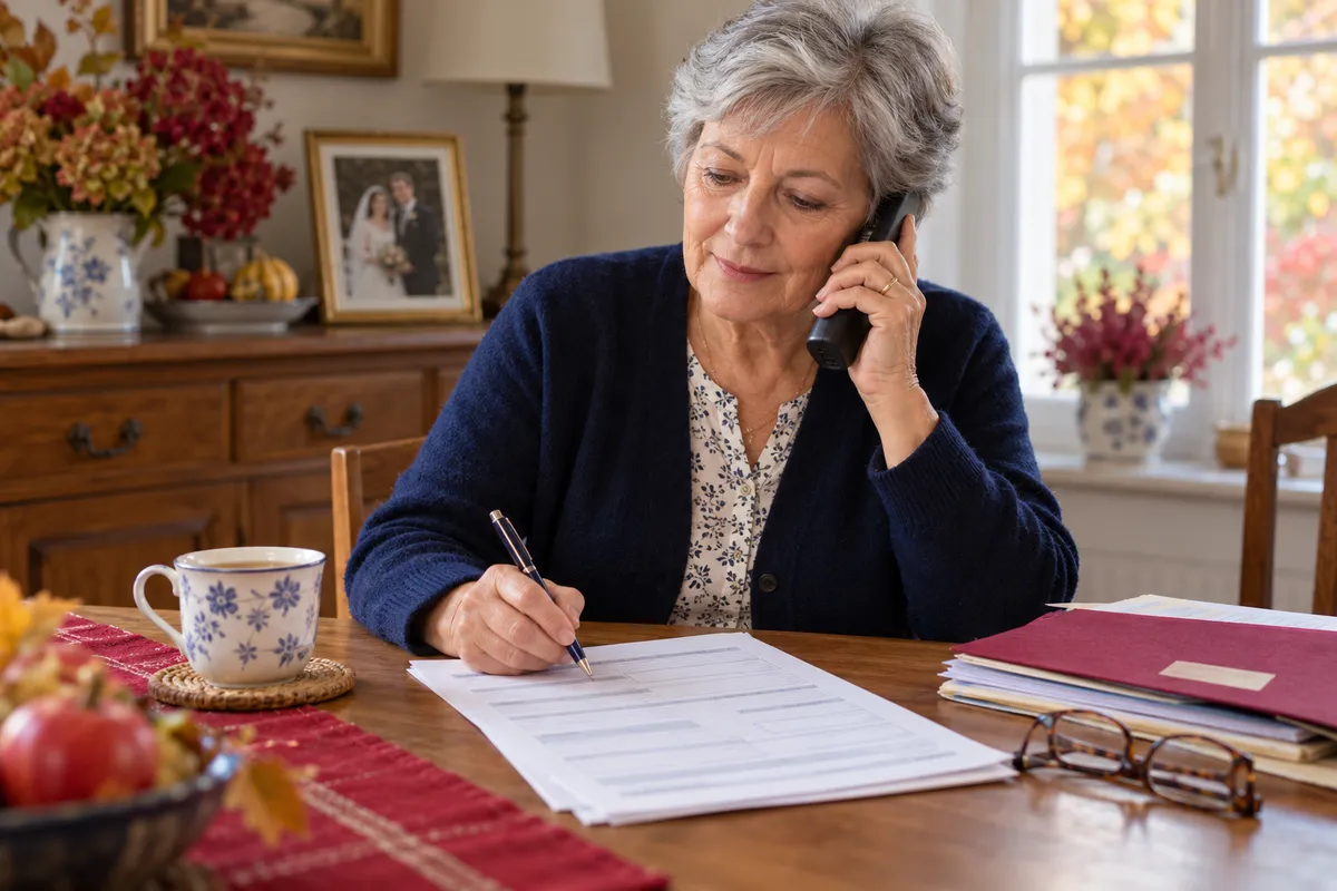 Une femme aux cheveux gris, en gilet bleu marine, téléphone à l’oreille, remplit au stylo un formulaire posé sur la table de sa cuisine, à côté d’une pile de dossiers, de lunettes et d’une tasse ; une photo de mariage encadrée est posée sur le buffet derrière elle.