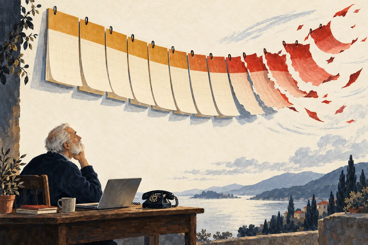 Illustration à la gouache : un homme âgé à barbe blanche, assis à une table devant un ordinateur portable et un vieux téléphone, lève les yeux vers une longue rangée de pages de calendrier dont les dernières, devenues rouges, se déchirent et s’envolent.