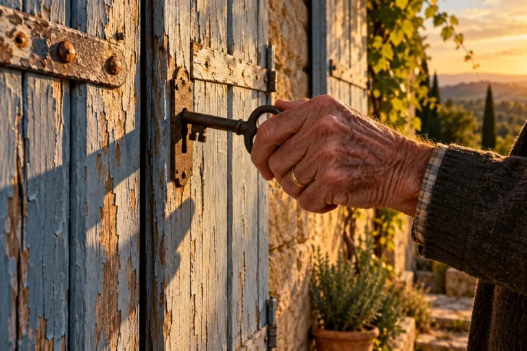 La main âgée d'un homme portant une alliance glisse une vieille clé en fer dans la serrure d'une porte en bois bleu écaillé, sous un soleil rasant de fin d'après-midi.