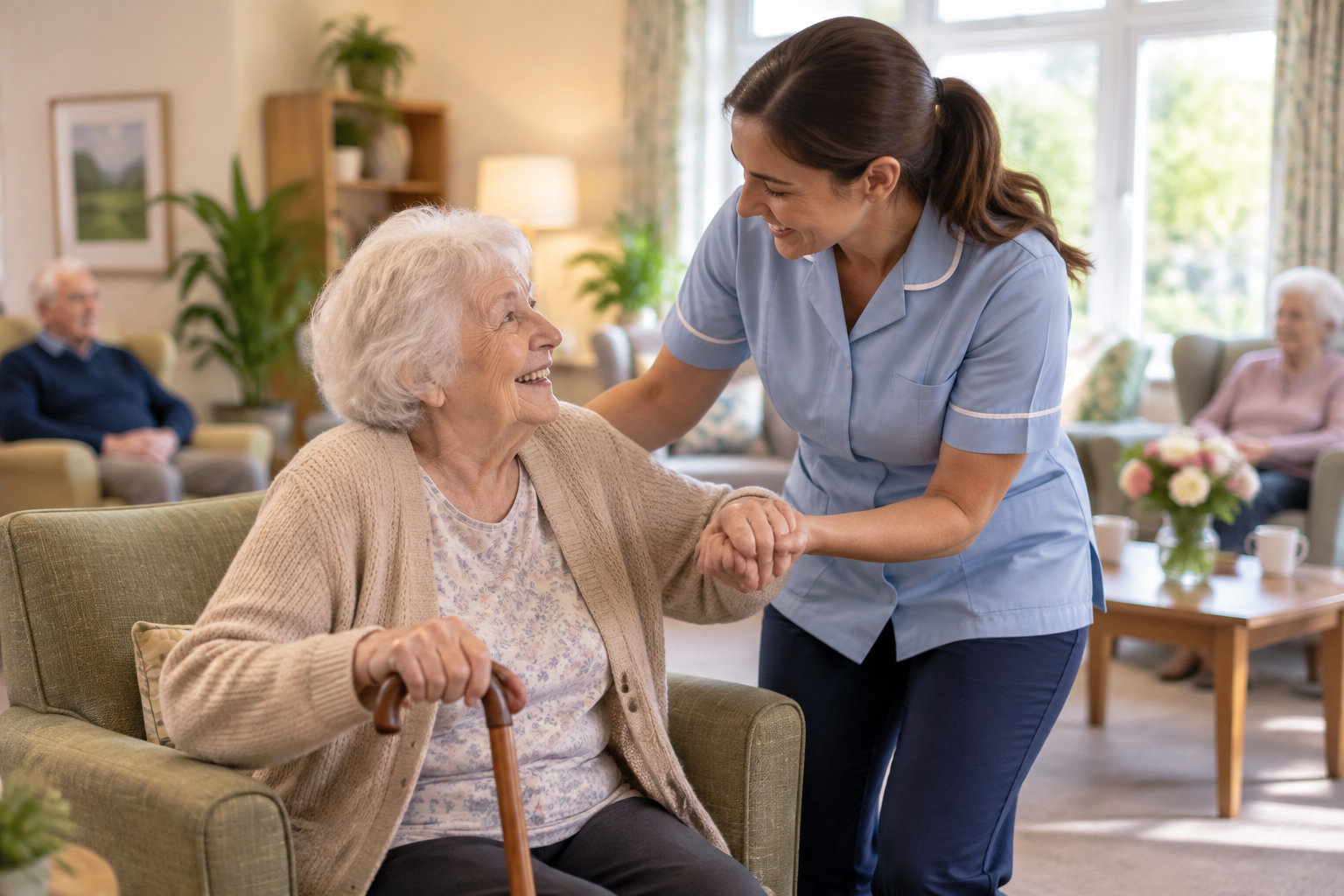 Une aide-soignante souriante tient la main d’une femme âgée assise dans un fauteuil et tenant une canne, dans un salon où d’autres personnes âgées sont assises.