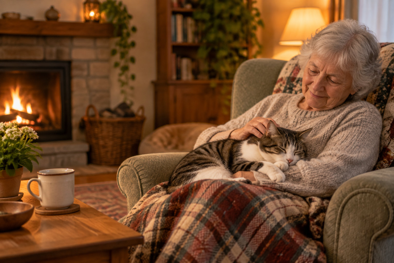 Une femme âgée assise dans un fauteuil caresse un chat endormi sur ses genoux, près d’une cheminée allumée.