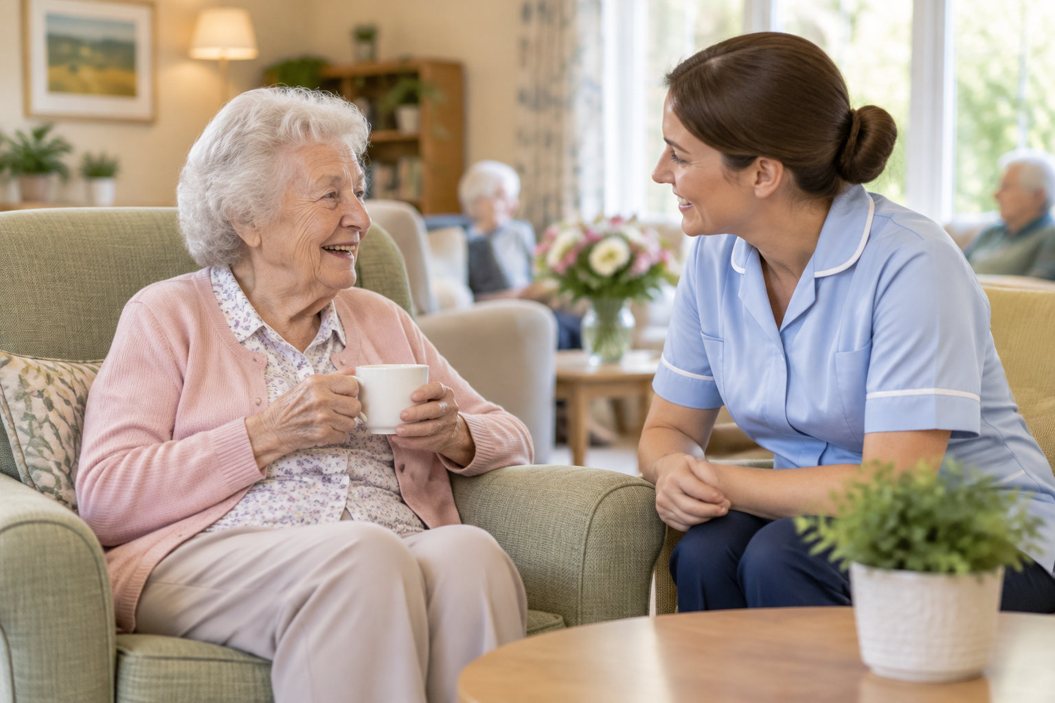 Une aide-soignante en tenue bleue sourit et échange avec une résidente âgée assise dans un fauteuil, qui tient une tasse dans un salon lumineux.