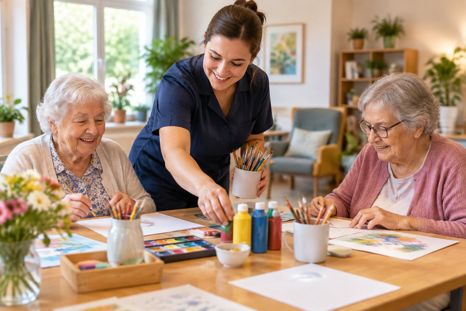 Une aide-soignante accompagne deux femmes âgées qui peignent à une table couverte de pinceaux, de feuilles et de pots de peinture.