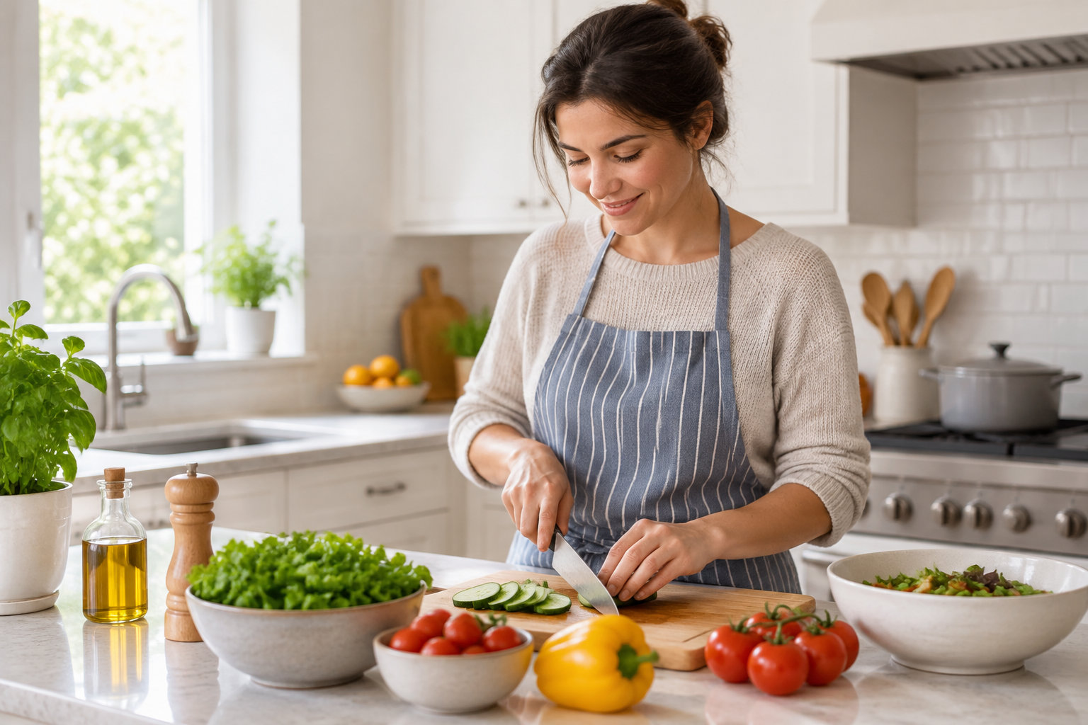 Une femme en tablier découpe des légumes sur une planche, entourée de bols, de tomates, d’un poivron, d’huile et d’herbes dans une cuisine lumineuse.
