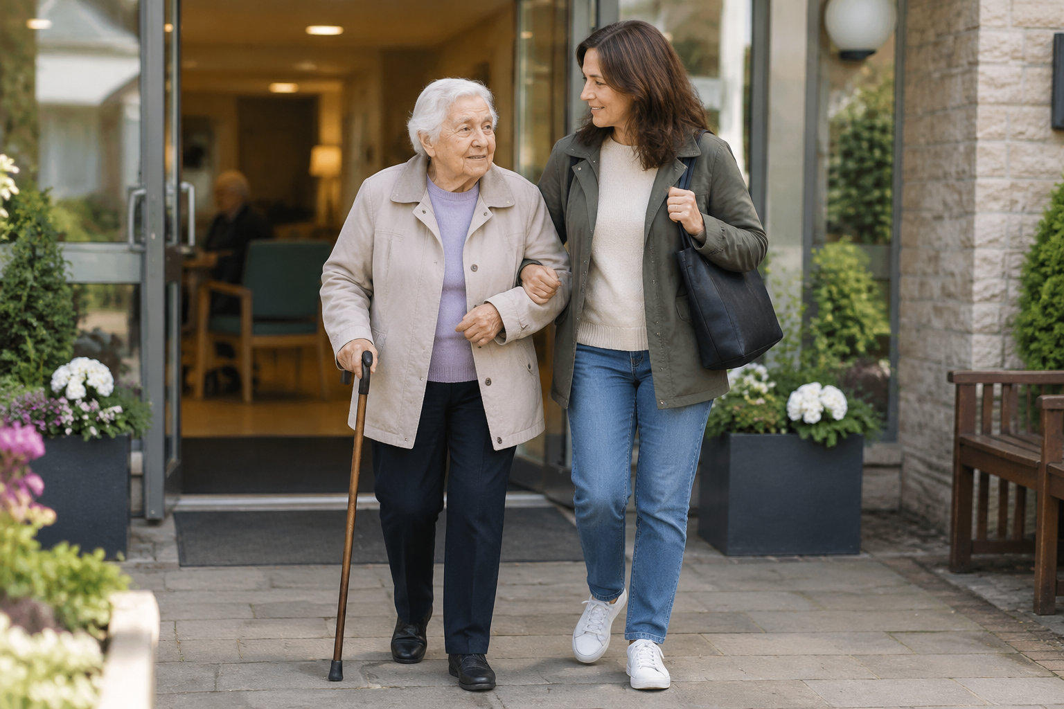 Une femme accompagne une personne âgée qui marche avec une canne devant l’entrée d’un bâtiment.