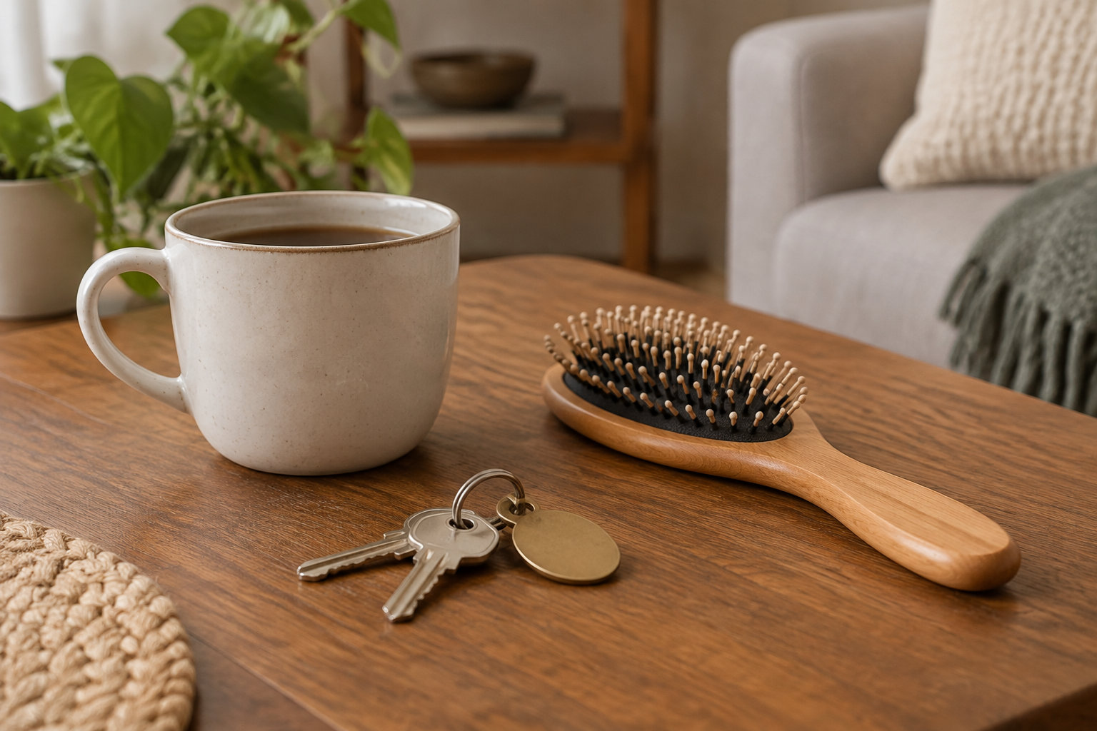 Une tasse de boisson chaude, une brosse à cheveux en bois et un trousseau de clés sont posés sur une table en bois dans un salon.
