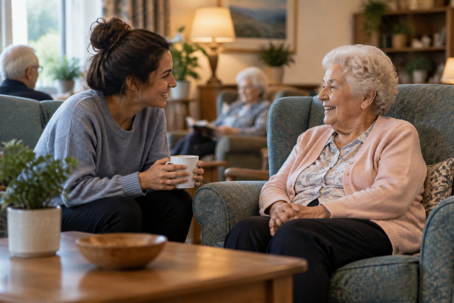 Une jeune femme tenant une tasse sourit et échange avec une femme âgée assise dans un fauteuil, dans un salon chaleureux où d’autres personnes sont assises en arrière-plan.